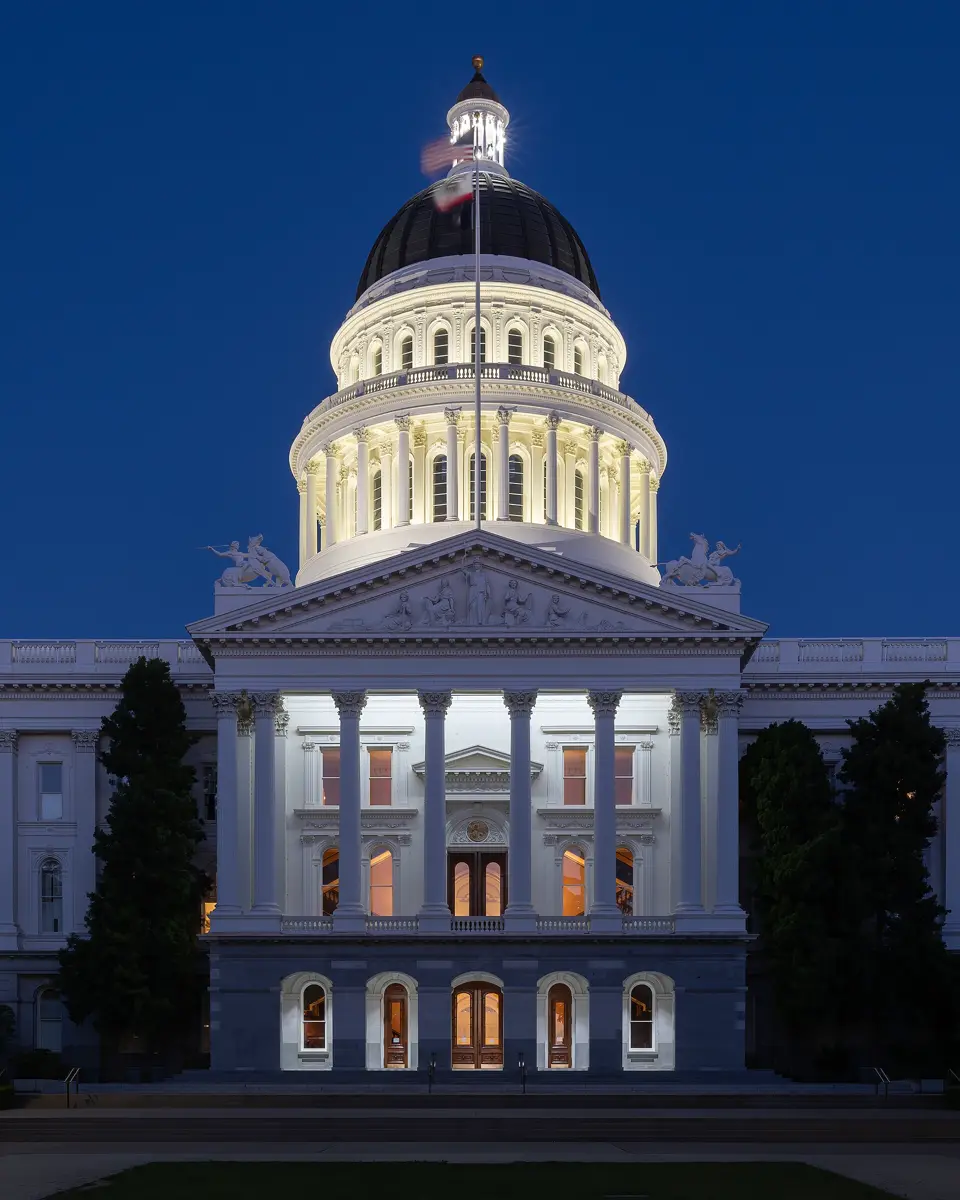 The California State Capitol in Sacramento at blue hour